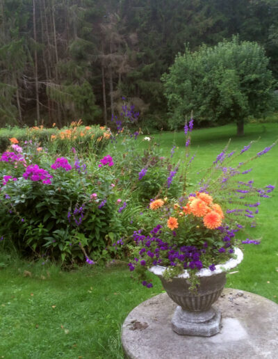 Trädgården med blomplanteringar.