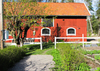 The horse stable on the other side of the garden.