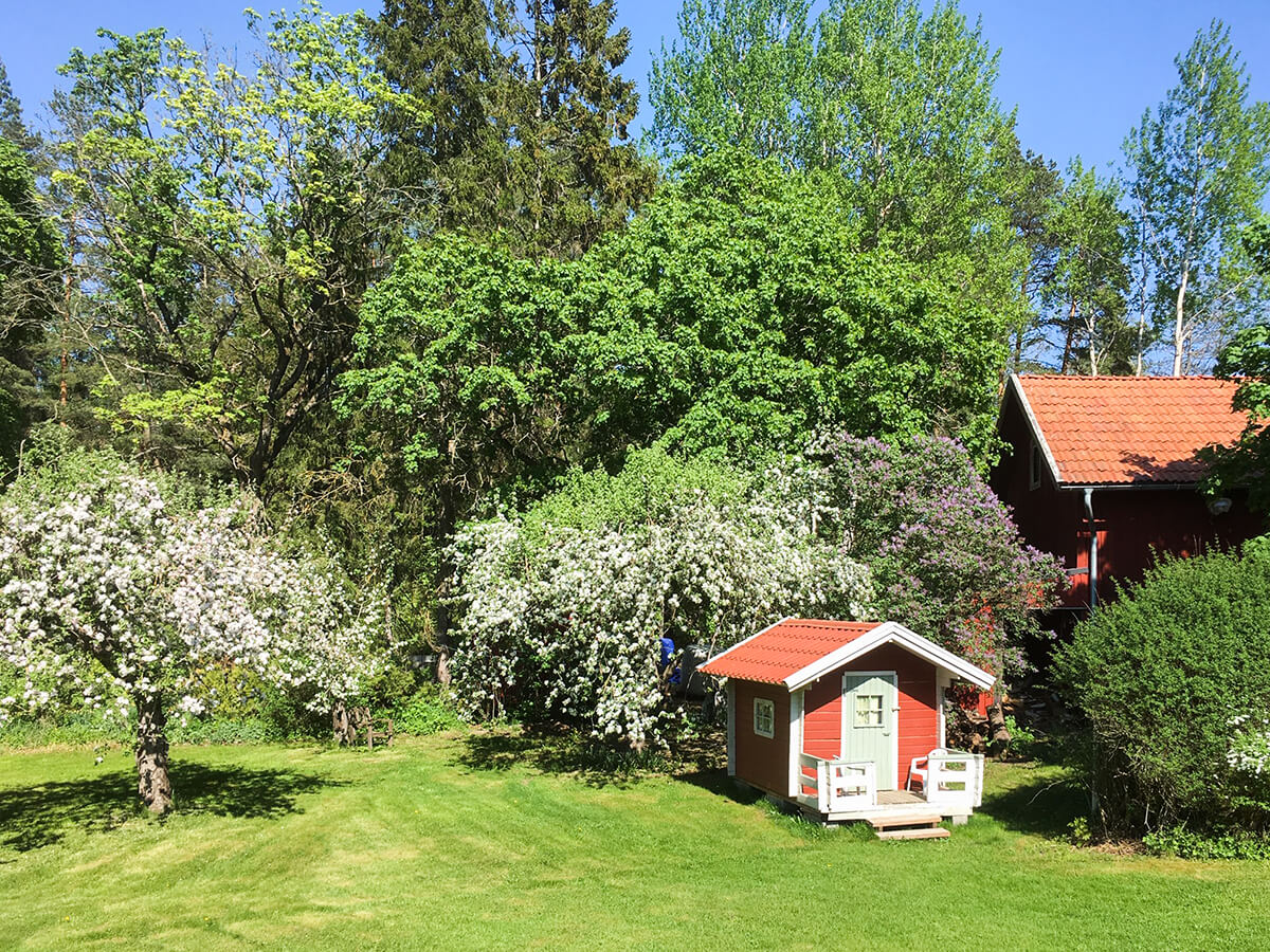 Barnvänlig trädgård med äppelträd och sommarstuga