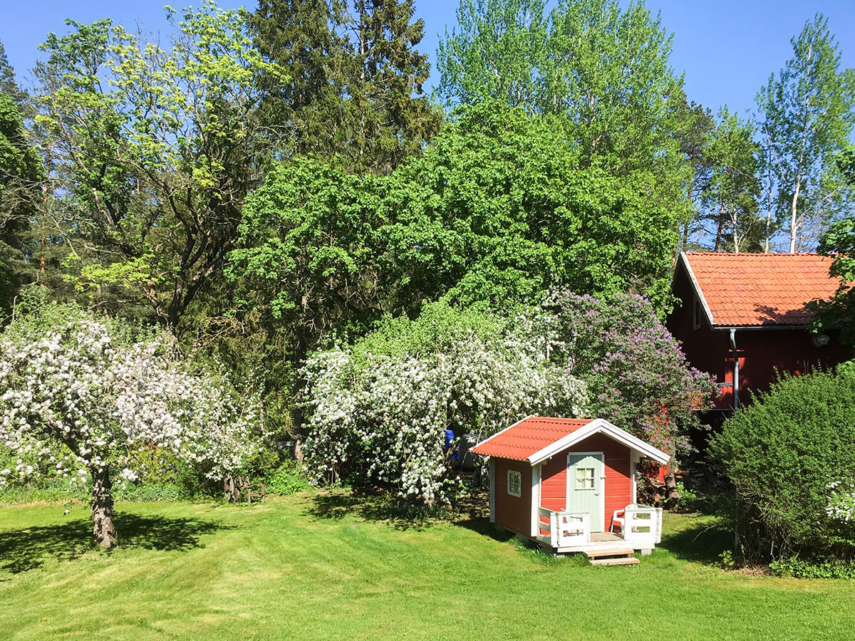 Barnvänlig trädgård med äppelträd och sommarstuga Barnvänlig trädgård med äppelträd och sommarstuga